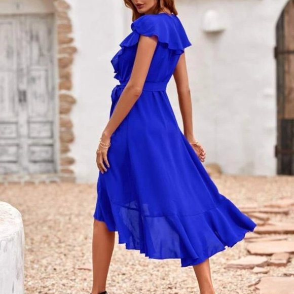 Lovely SummerTime Flowy Ruffle Belted Midi Dress blue - Picture 3 of 6